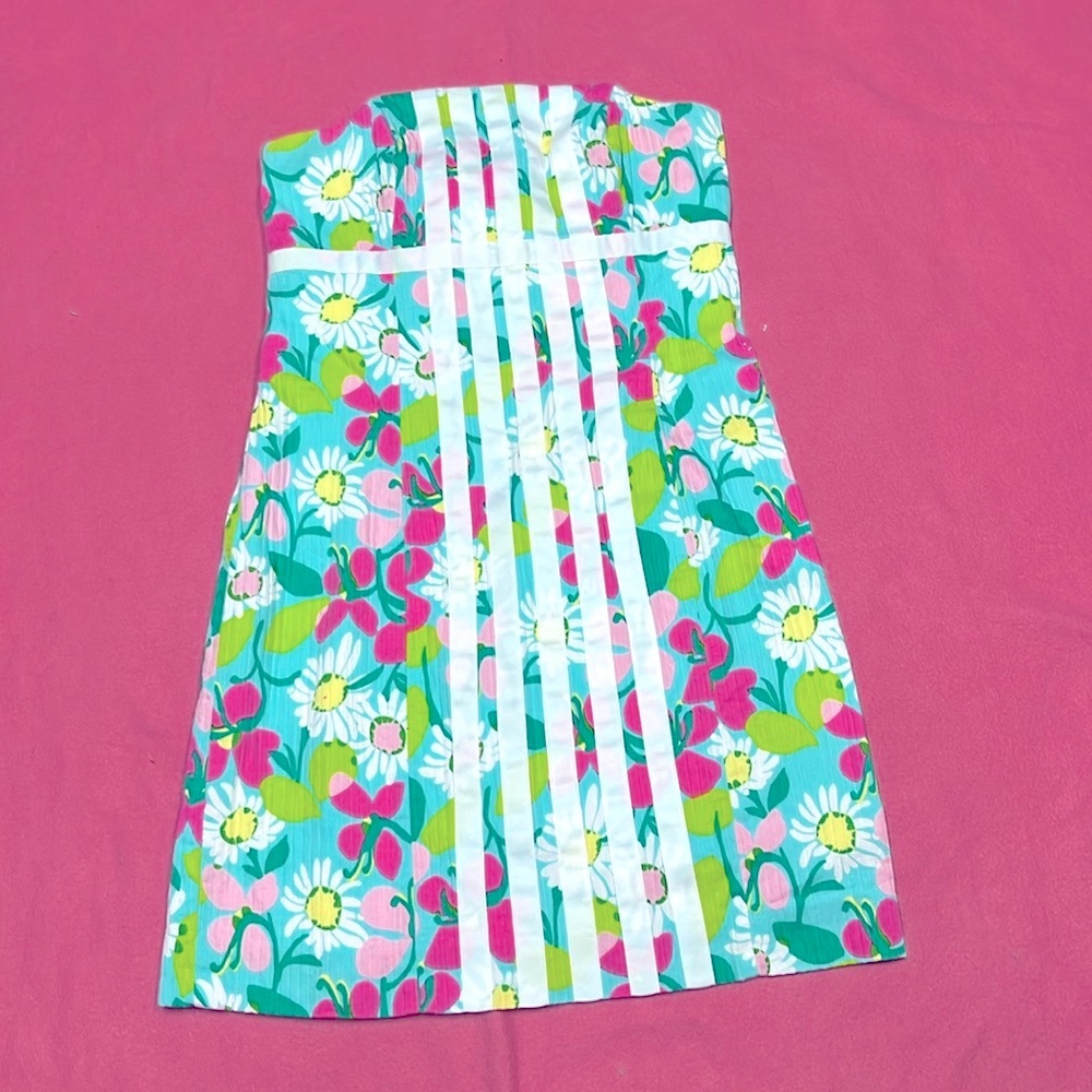 Lilly Pulitzer White and Blue Strapless Mini Dress Resort Wear